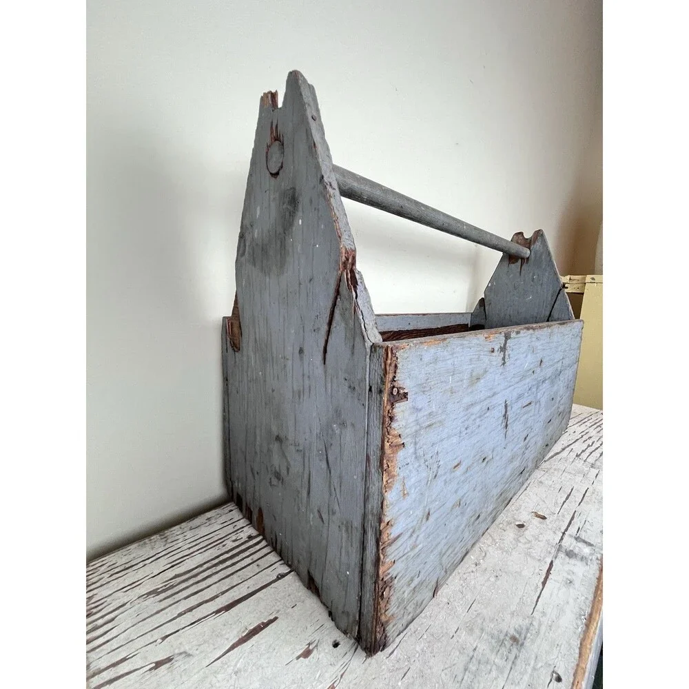 Vintage Grey Primitive Carpenter's Wooden Tool Box Caddy Tote Rustic Wood 21”